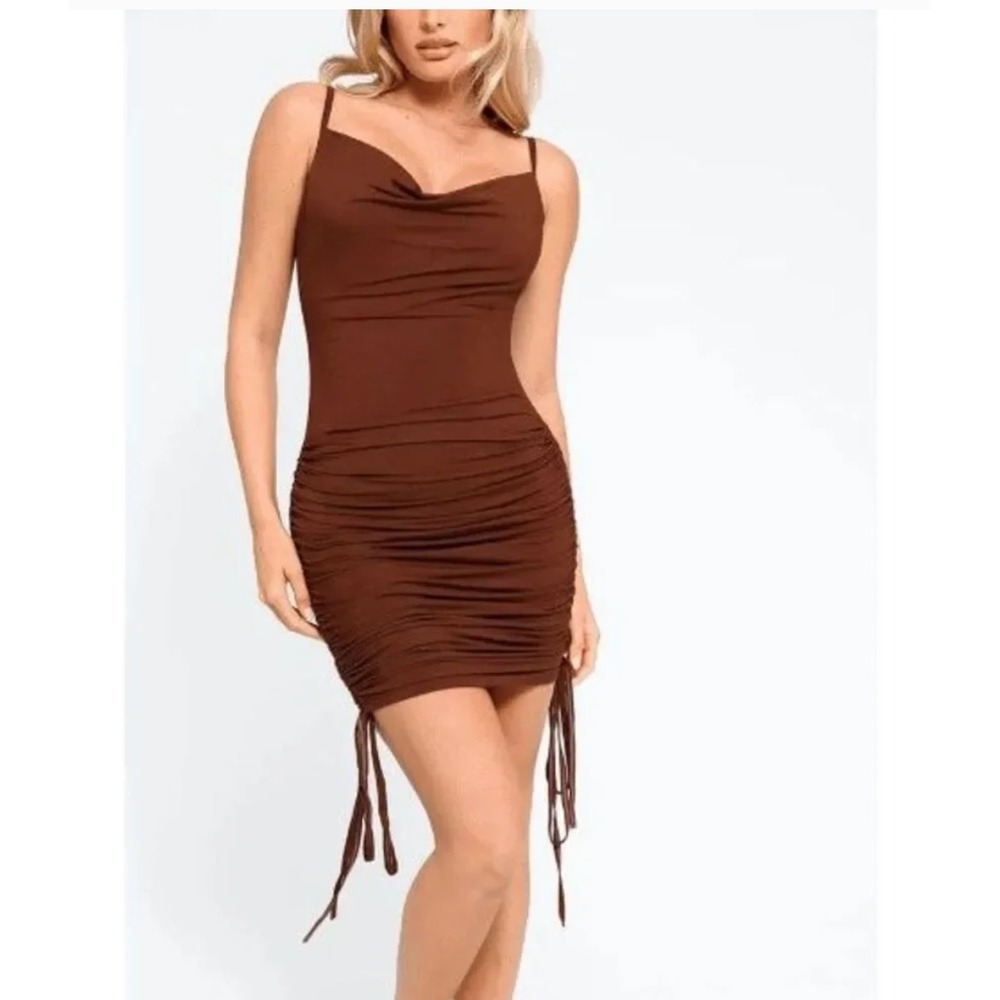 Popilush SZ L Brown Side Ruched Cowl Neck Mini Slip Dress w/ Built in Shapewear